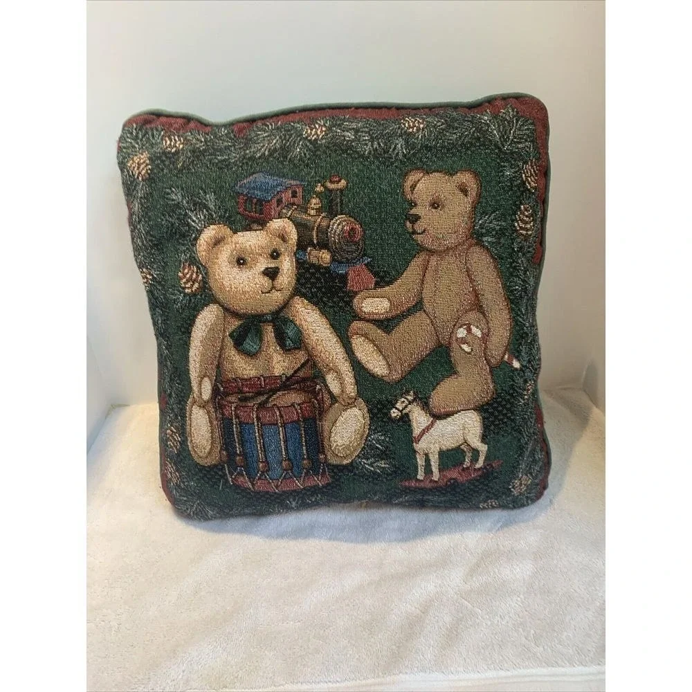 Vintage Christmas Teddy Bear Tapestry Square Throw Pillow Toys Train‎ Drum